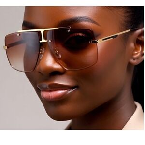 Oversized Rimless Shield Sunglasses Gold Tone Gradient Brown Lens Women